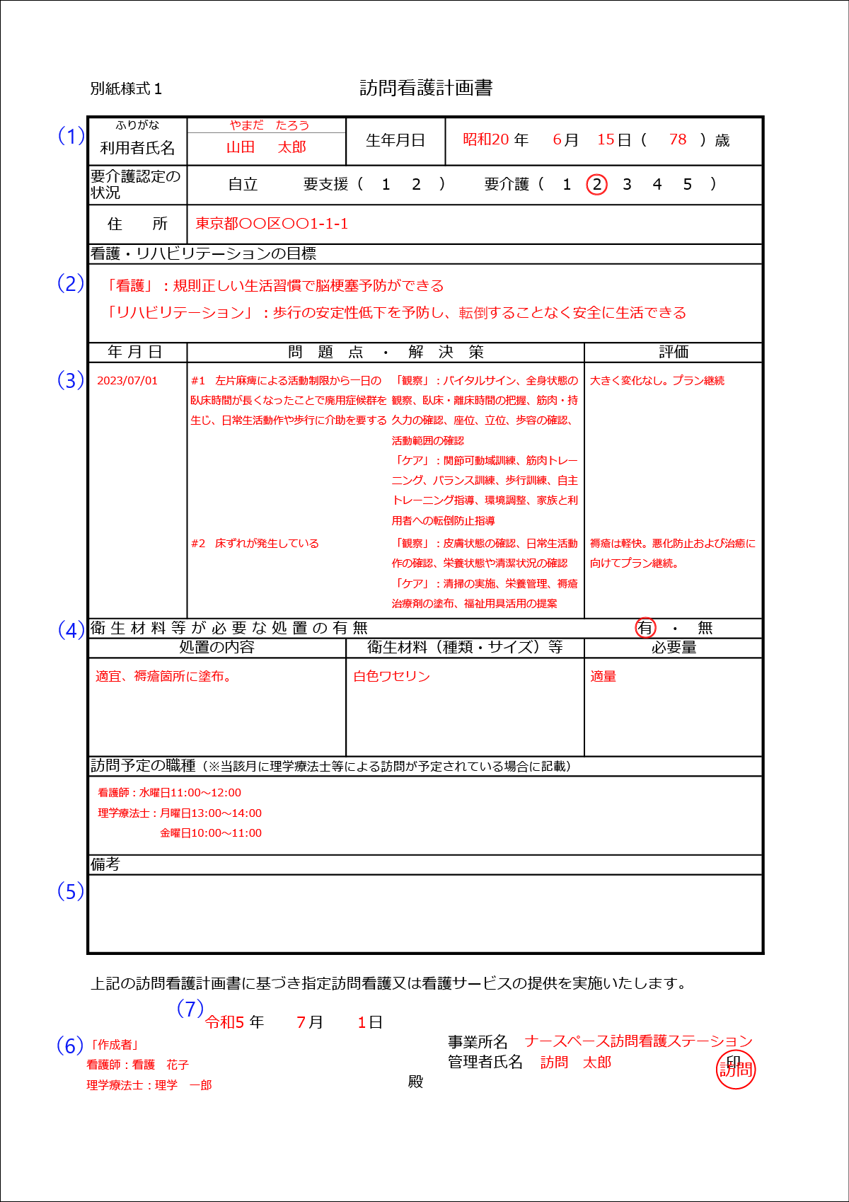 訪問看護計画書　記入例